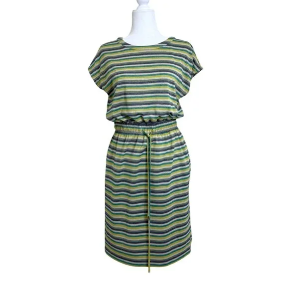 Donna Morgan Dress Short Sleeve Striped Metallic Green Yellow Elastic Waist Sz 4 - Picture 1 of 9
